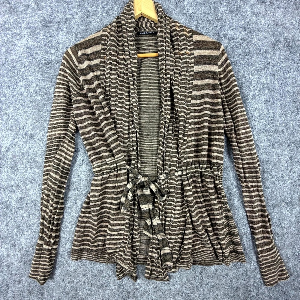Elie Tahari Cardigan‎ Sweater Womens Small Brown Striped Belted Lightweight